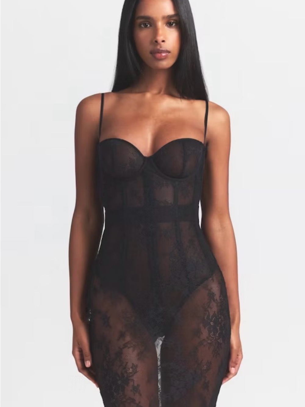 SKIMS Black Sheer Lace Maxi Bodysuit Dress with Underwire Cups